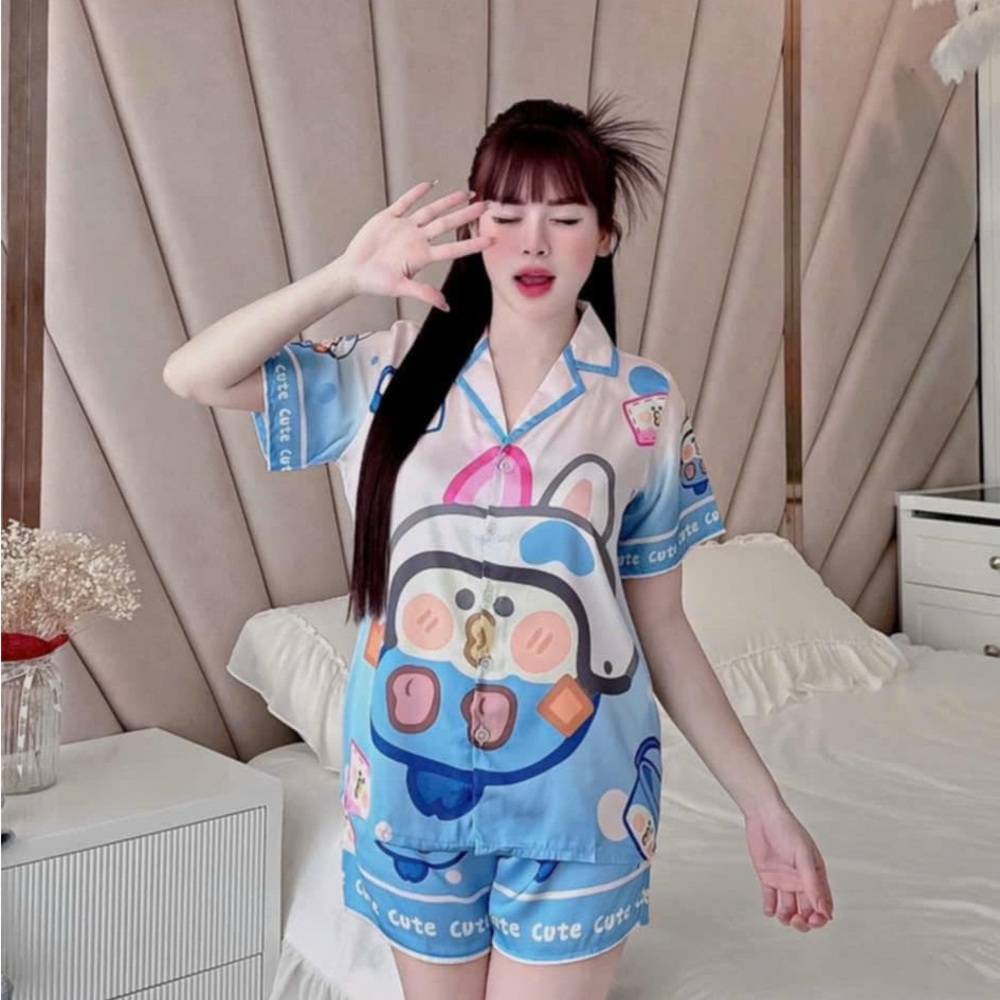 Cute Cartoon Pajama Set - Blue